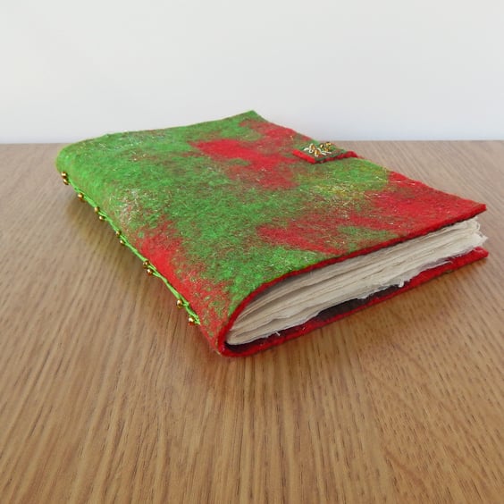 Red & Green Felt Journal Hand Felted with Hand Made Paper Pages.