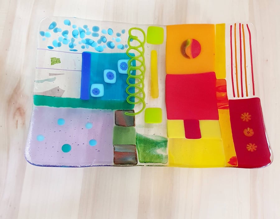 Rainbow Patchwork Fused Glass Platter