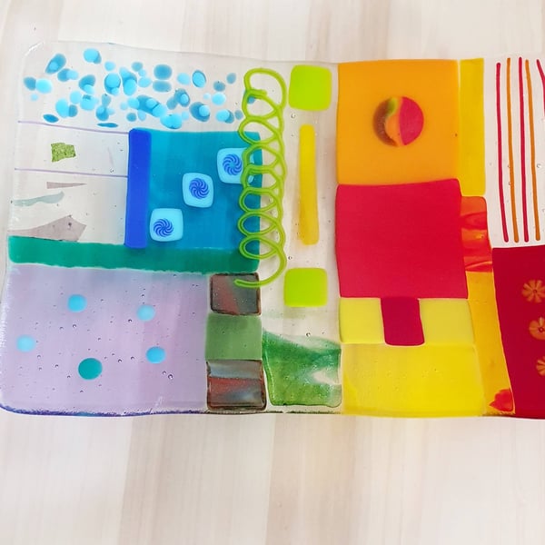 Rainbow Patchwork Fused Glass Platter