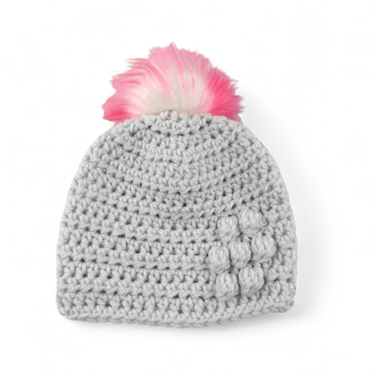 Light grey baby crocheted hat white faux fur pompom with purple & pink tips 