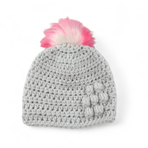 Light grey baby crocheted hat white faux fur pompom with purple & pink tips 