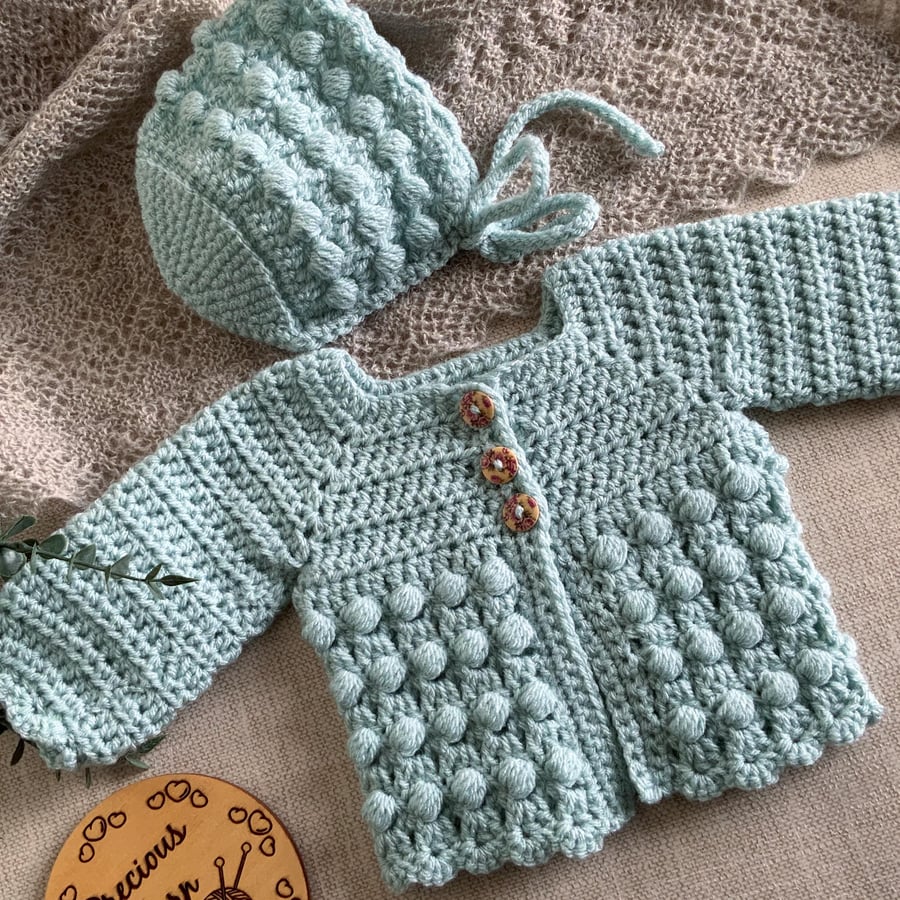 Image of Hand Crocheted Newborn Cardigan & Bonnet Set – Sage Green Baby Outfit