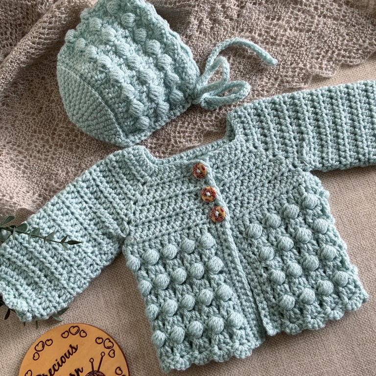 Hand Crocheted Newborn Cardigan & Bonnet Set – Sage Green Baby Outfit