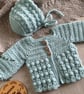 Hand Crocheted Newborn Cardigan & Bonnet Set – Sage Green Baby Outfit