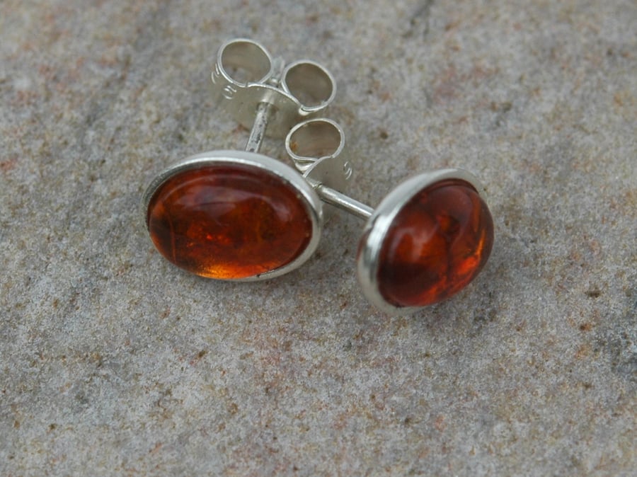 Amber and Sterling Silver Oval Stud Earrings