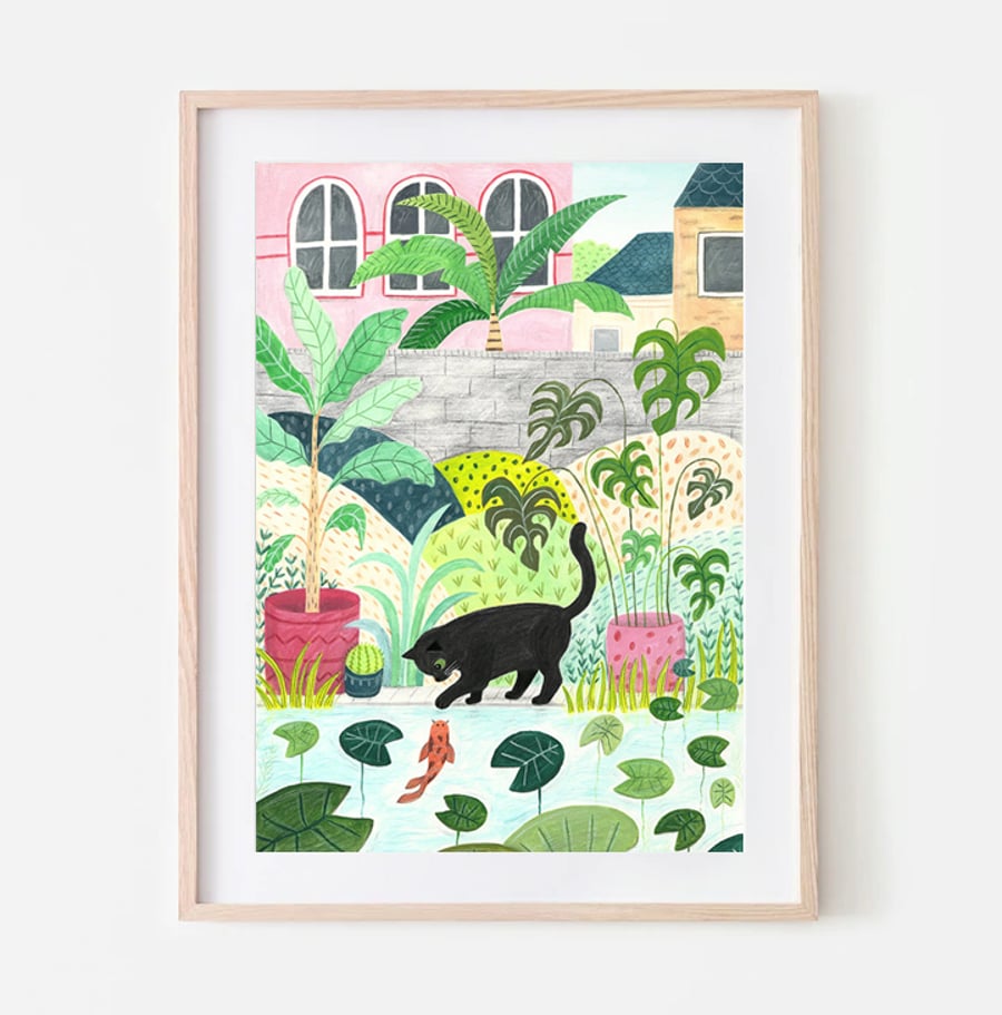 Black Cat Art - Cat Gift - Fish pond - A4 art print