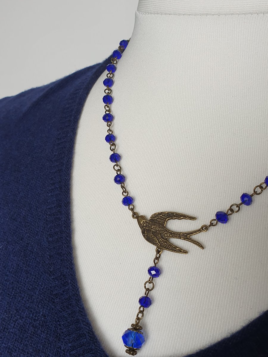 Beautiful Blue Crystal Antique Bronze Swallow Necklace 