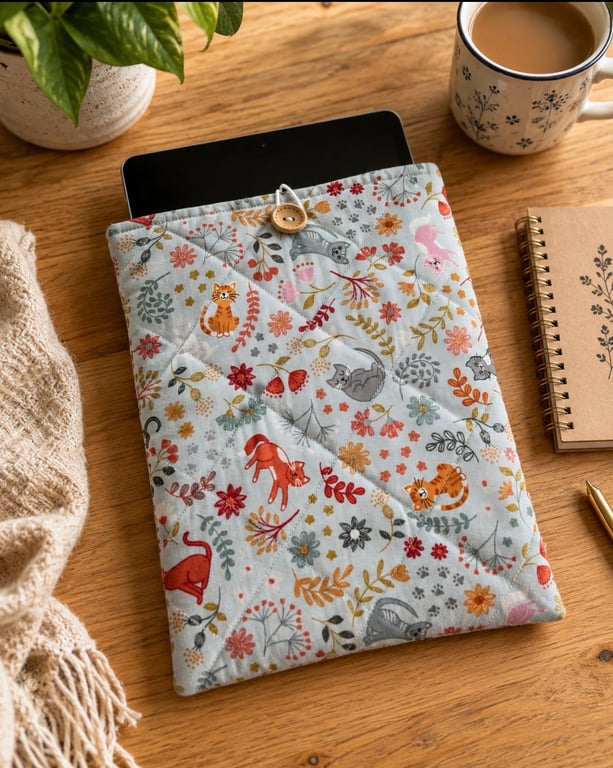 Handmade Quilted IPad Cover Padded Fabric Sleeve with button fastening