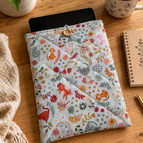 Handmade Quilted IPad Cover Padded Fabric Sleeve with button fastening