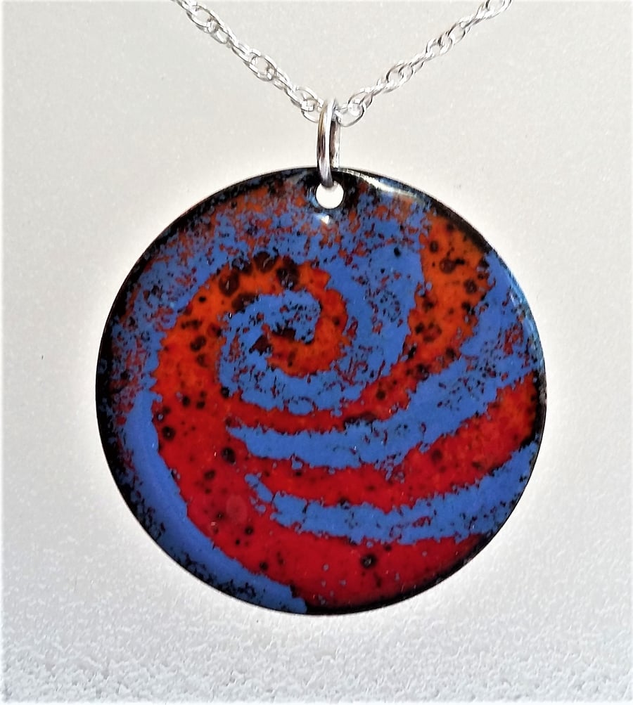 Swirl pendant in blue and orange coppered enamel 138