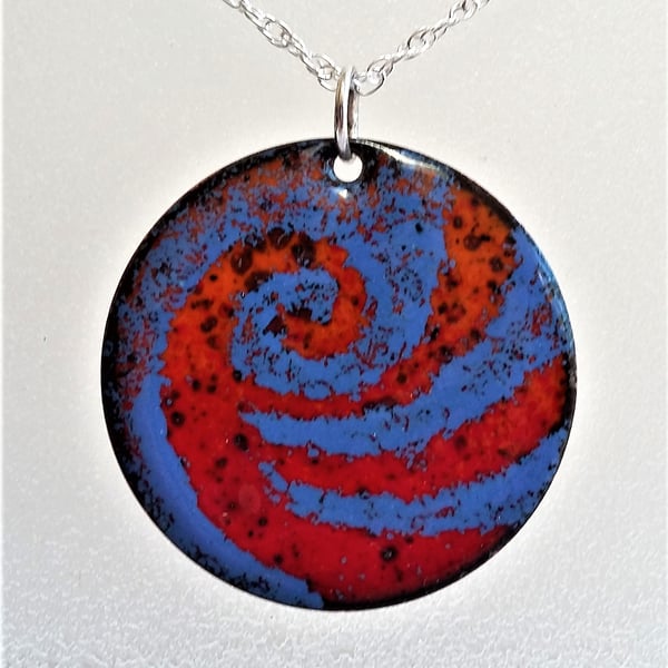 Swirl pendant in blue and orange coppered enamel 138