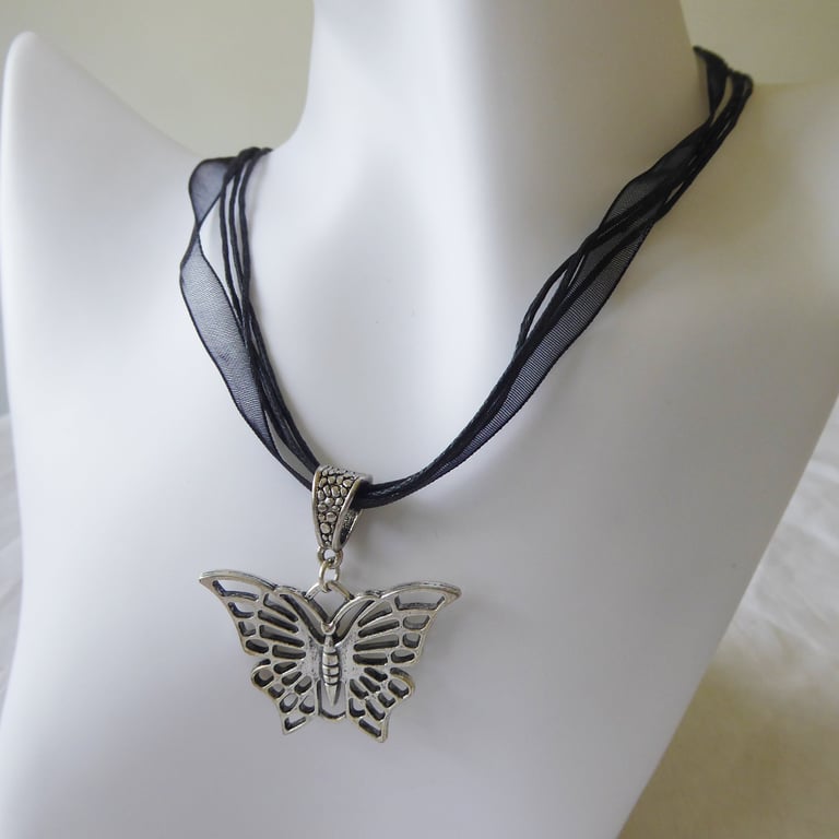 Black Ribbon & Cord Adjustable Necklace with Butterfly Pendant