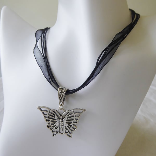 Black Ribbon & Cord Adjustable Necklace with Butterfly Pendant