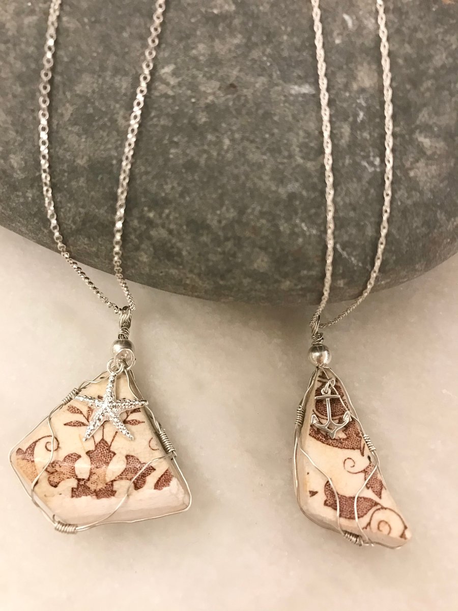 2 necklace set, unique handmade sea pottery and sterling silver  