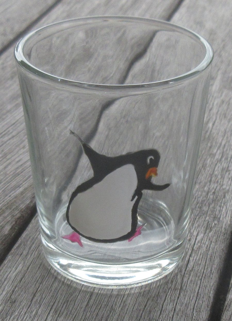 Shot Glass or tealight - hand painted dancing penguin grooving on down!