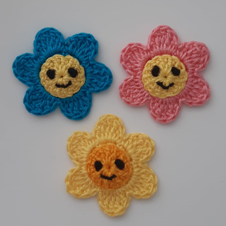 3x Smiley face Crochet Flowers- Embellishments