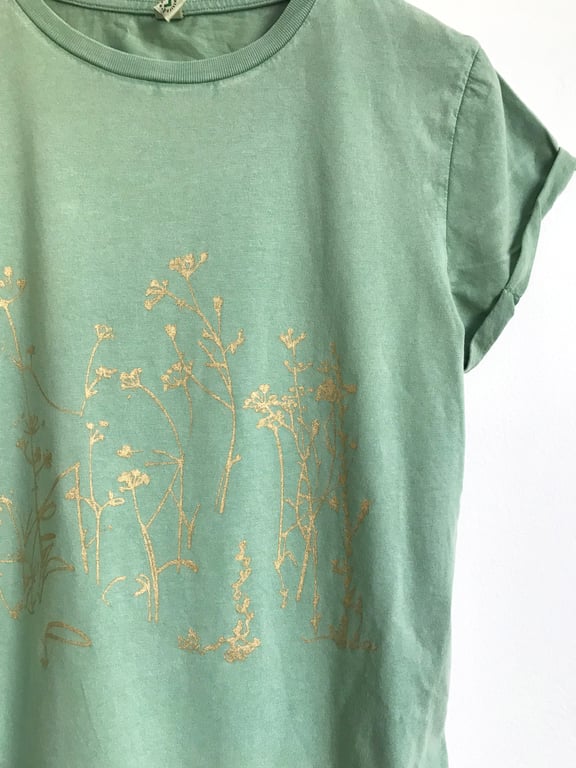 Womens organic cotton stonewash sage green T shirt Wild Meadow gold print