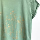 Womens organic cotton stonewash sage green T shirt Wild Meadow gold print