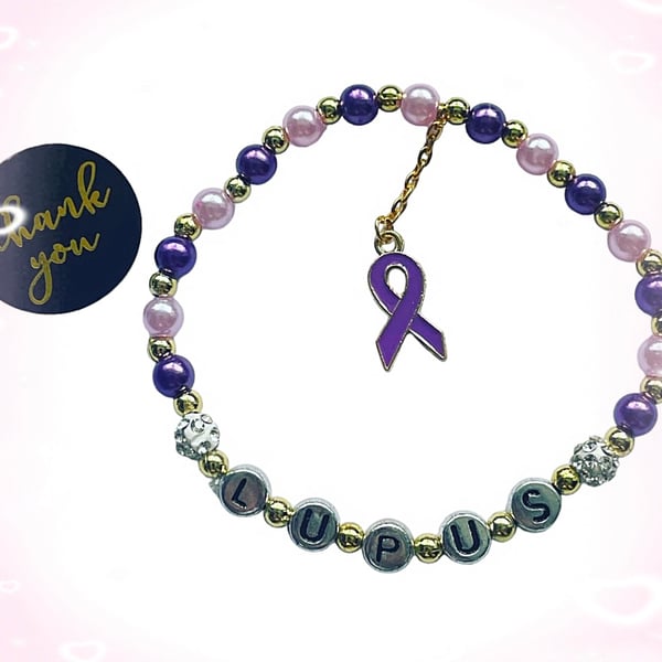 Lupus charm shamballa stretch beaded bracelet  awareness support purple ribbon