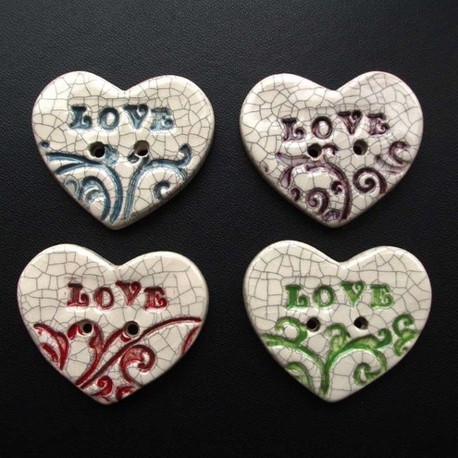 set of four chunky crackle heart ceramic buttons