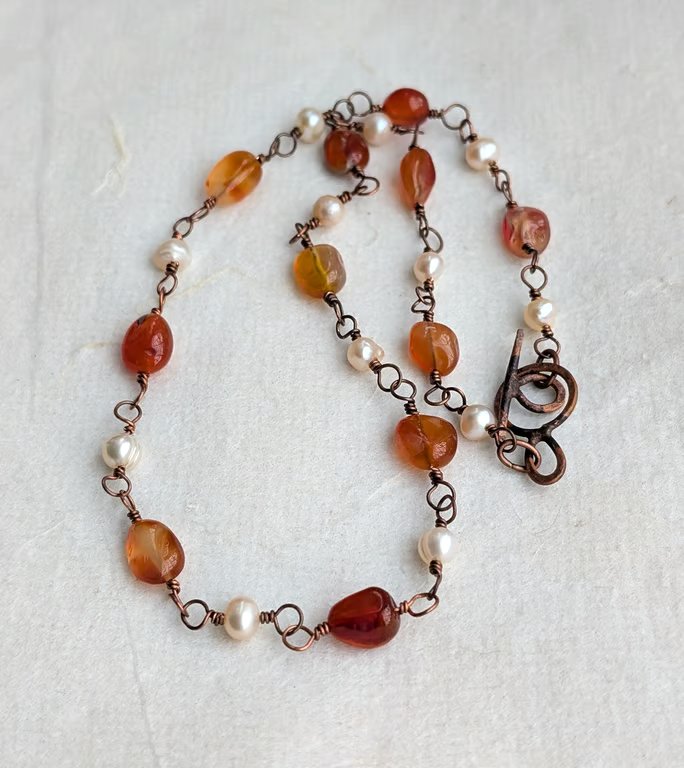 Carnelian and pearl copper wire necklace, June and July birthstone, Cancer sign