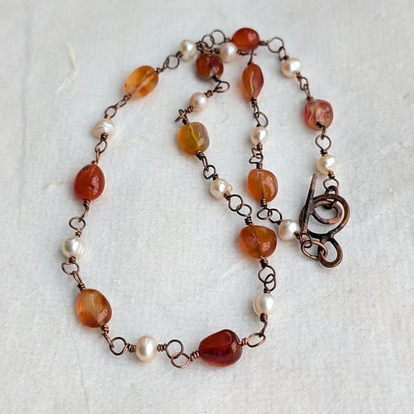 Carnelian and pearl copper wire necklace, June and July birthstone, Cancer sign