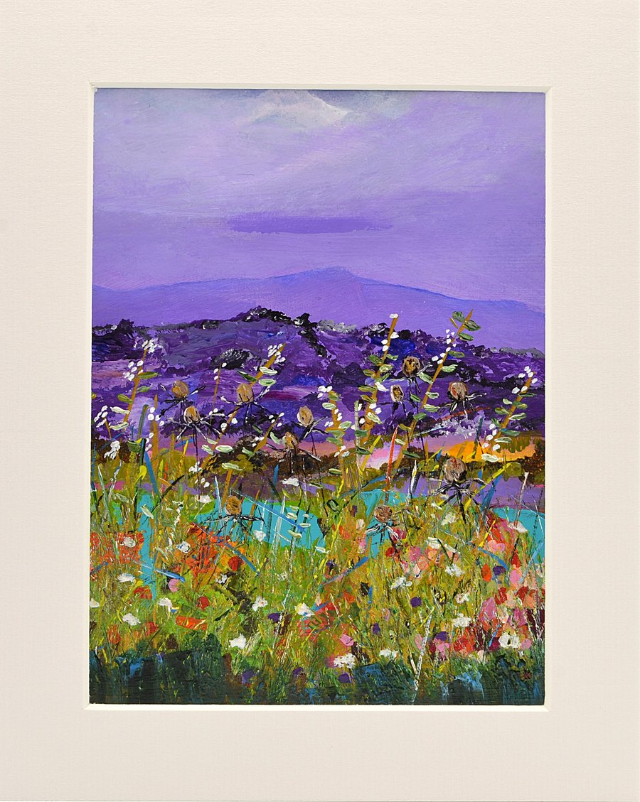 A Mounted Painting of a Wild, Purple Scottish Landscape. 10 x 8 inches.
