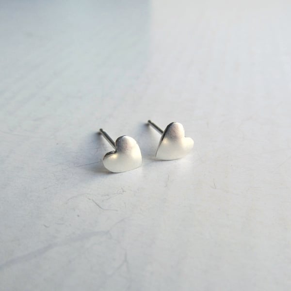 Tiny Brushed Silver Heart Studs