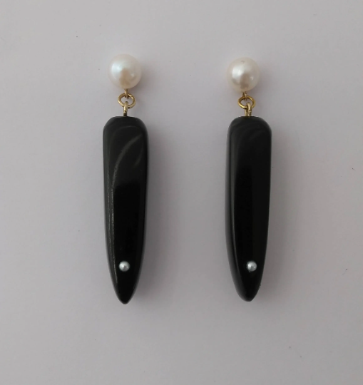 Whitby Jet 9ct gold pearl drop earrings