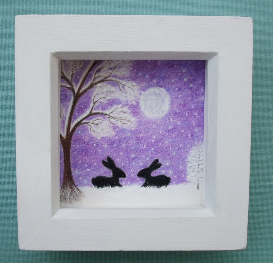 Framed Bunny Picture, Christmas Art Gift, Rabbits Snow Moon Drawing, Unique Gift