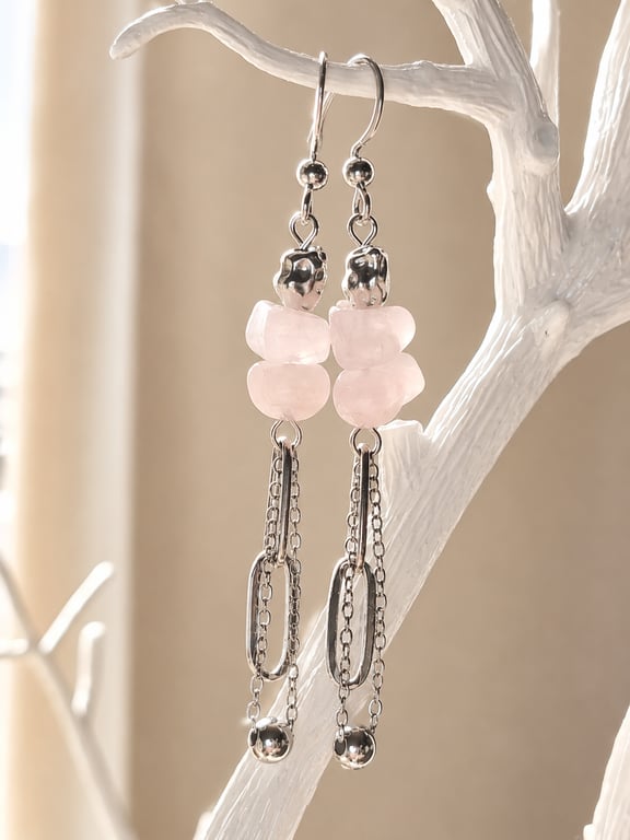 Rose quartz chain long boho earrings 