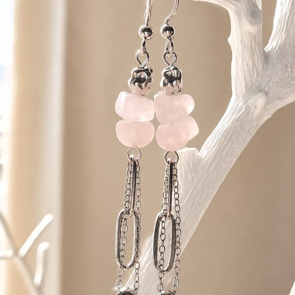 Rose quartz chain long boho earrings 