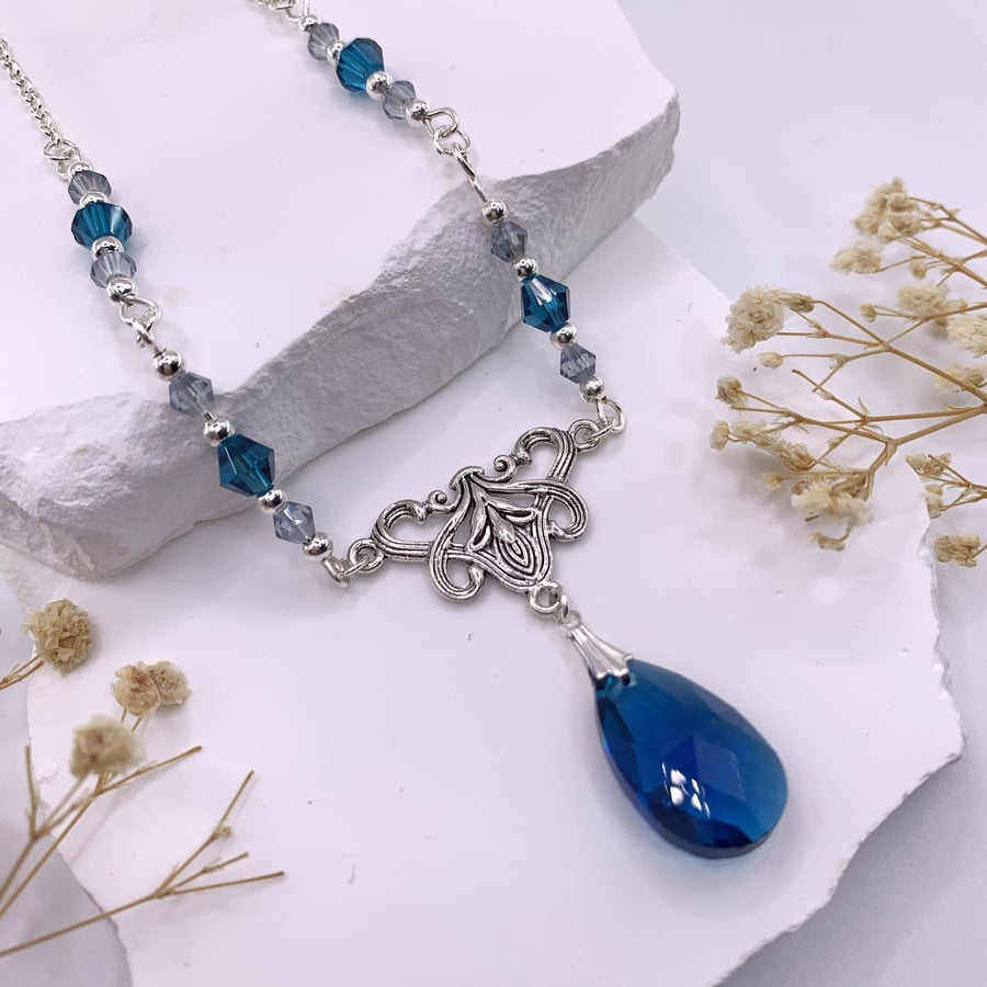 Vintage Style Silver and Blue Glass Crystal Pendant and Earrings Set