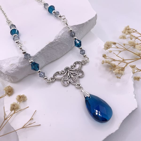 Vintage Style Silver and Blue Glass Crystal Pendant and Earrings Set