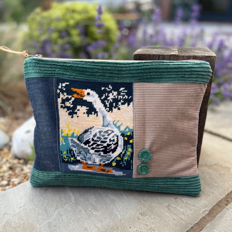 Repurposed goose tapestry corduroy and denim large soft pouch