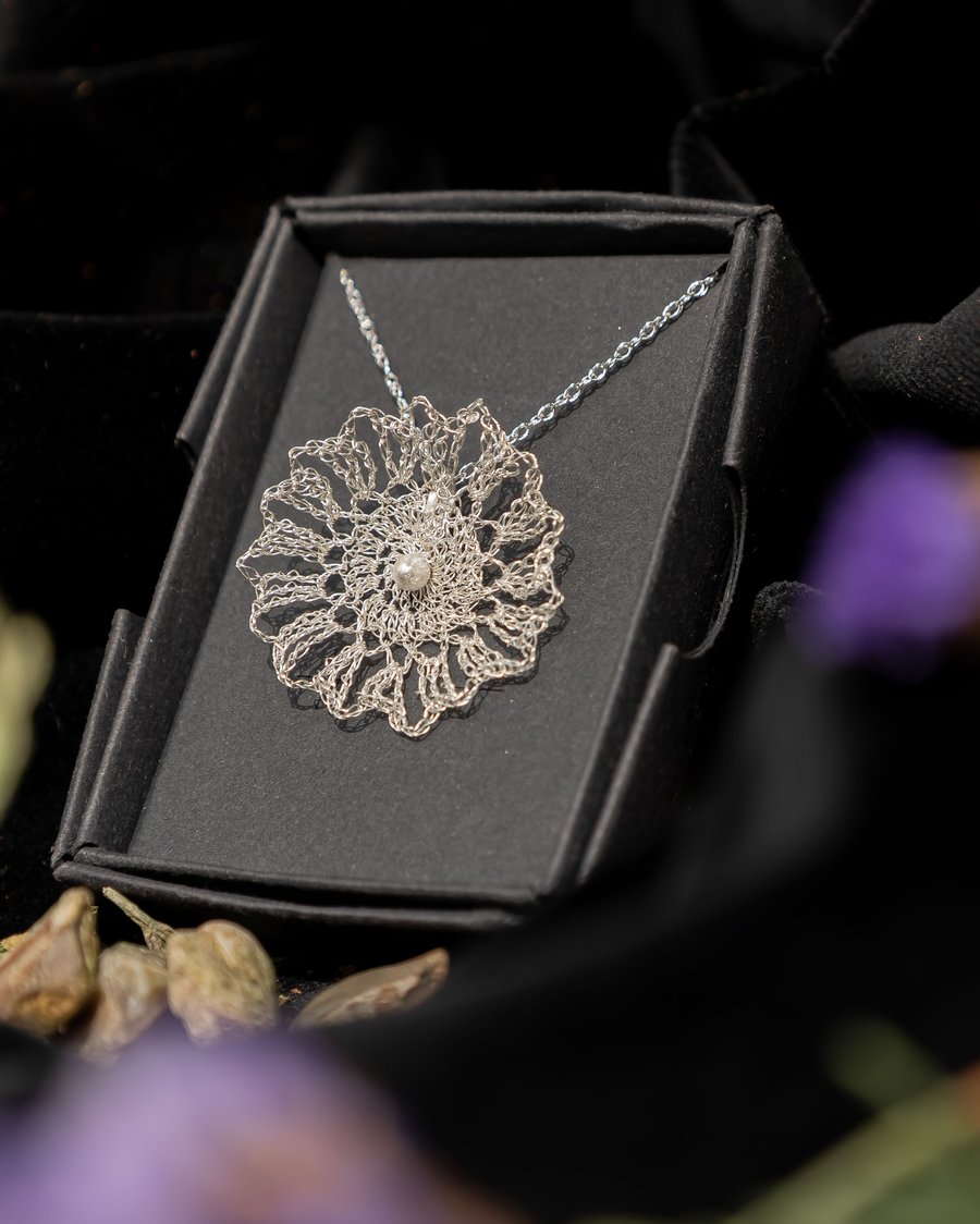 Wildflower II - Eco Silver Lace Crochet necklace - 18" chain