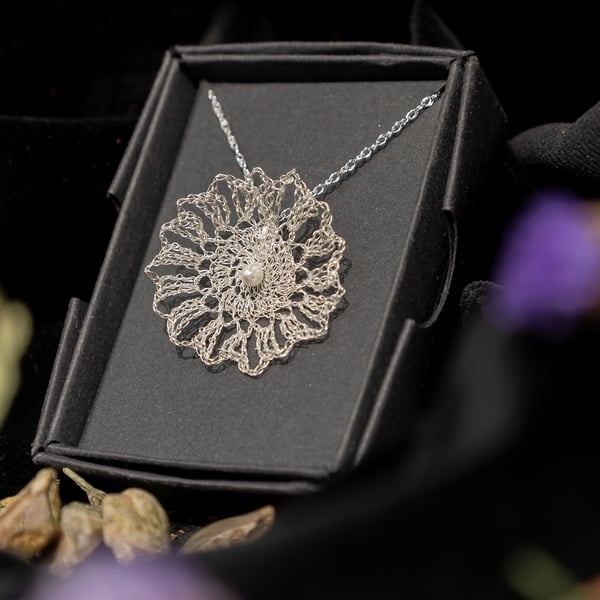 Wildflower II - Eco Silver Lace Crochet necklace - 18" chain