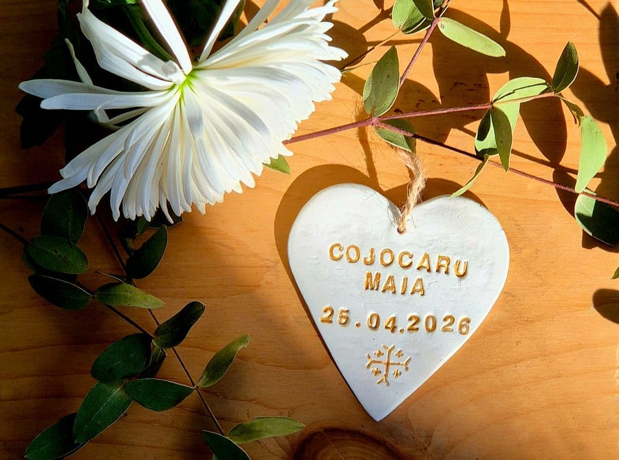 Personalized Air-Dry Clay Heart Ornament - Custom Christening Baptism Keepsake