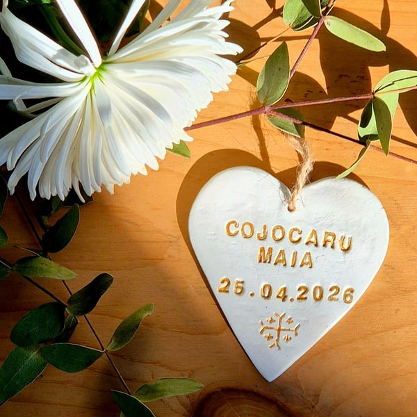 Personalized Air-Dry Clay Heart Ornament - Custom Christening Baptism Keepsake