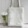 SALE, Cream tote bag with elegant pattern of golden beige tile motifs