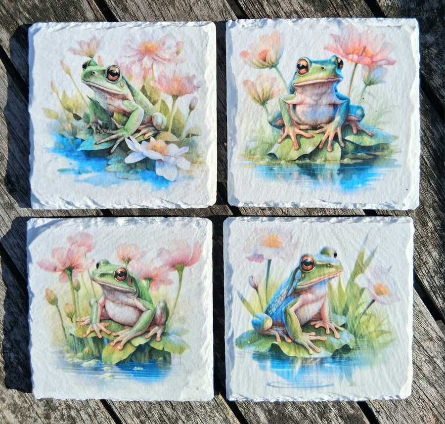 Frog Coasters; Lily Pad Design Decoupaged Slate Coasters  Set of 4