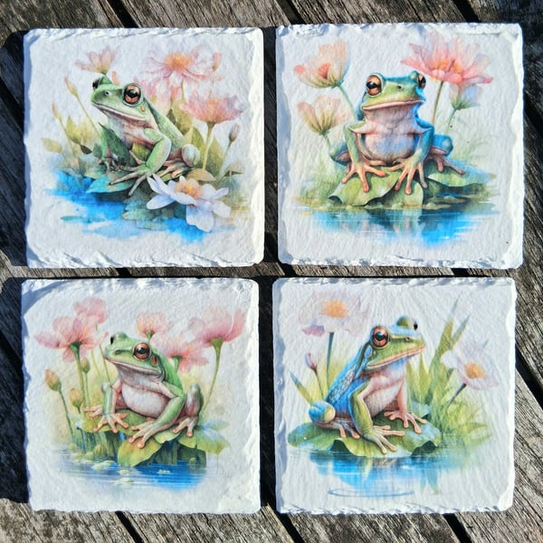 Frog Coasters; Lily Pad Design Decoupaged Slate Coasters  Set of 4