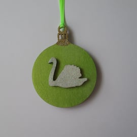 SALE White Swan Christmas Tree Bauble Decoration Wooden Glittery Hanging Bird