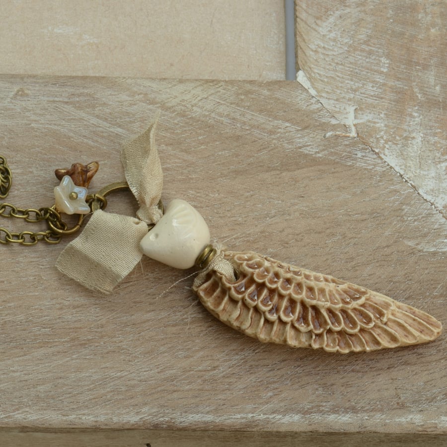 Beige Handmade Ceramic Wing Pendant and Bird, Sari Silk Ribbon & Czech Flowers
