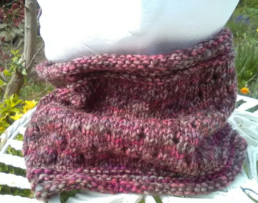 Handknit Chunky EYELET COWL in hand dyed wool pinks and browns