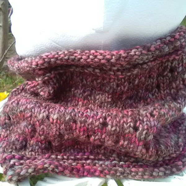 Handknit Chunky EYELET COWL in hand dyed wool pinks and browns
