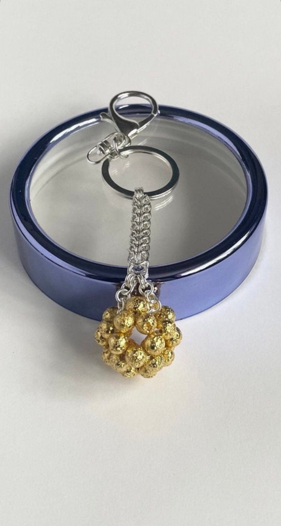 Handbag Charm, Initialled, Yellow Gold Lava Beads Orb, Keyring 