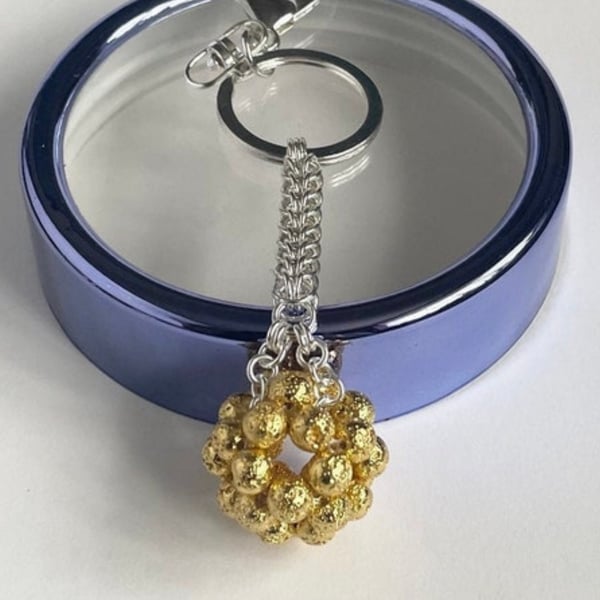 Handbag Charm, Initialled, Yellow Gold Lava Beads Orb, Keyring 