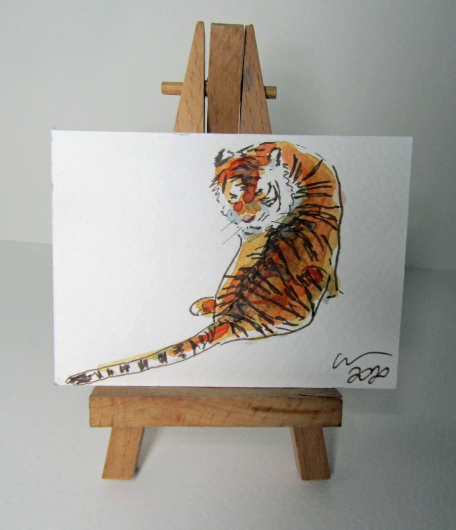 ACEO Art Tiger Observe Original Watercolour & Ink Painting OOAK