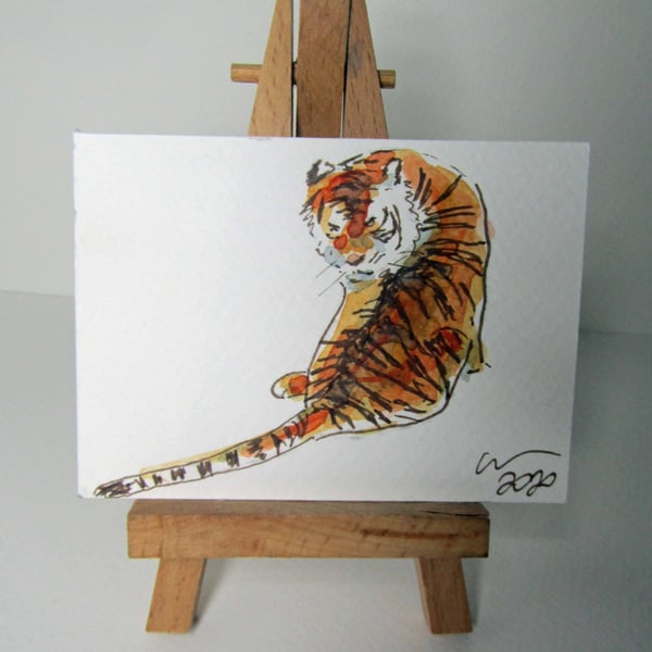 ACEO Art Tiger Observe Original Watercolour & Ink Painting OOAK